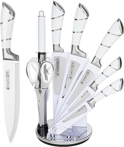 Kitchen Knife Set, Wekity 9 Piece Pink Sharp Non-Stick Coated Chef Knives Block Set,Stainless Steel Knife Set for Kitchen with Sharpener for Cutting Slicing Dicing Chopping