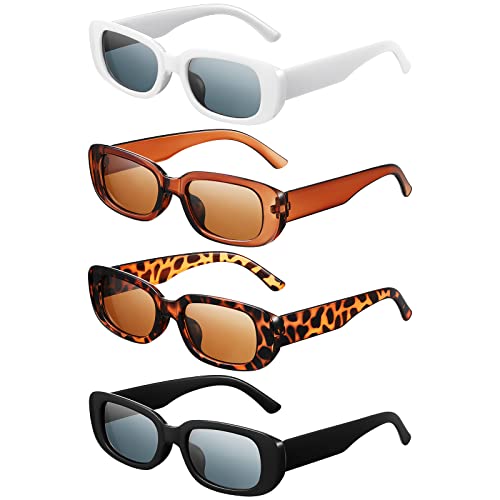 Fiada Conjunto de 4 óculos de sol retangulares pequenos retro vintage para os anos 80 90 Y2K, branco, castanho, preto, leopardo, Talla única para la mayoría de las personas