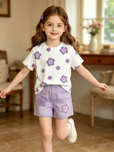 Image of Ayzozuy Kid Girl Clothes Shorts Set 2 Piece Outfits Summer Casual Short Sleeve Top and Shorts Set for Girls 4-7