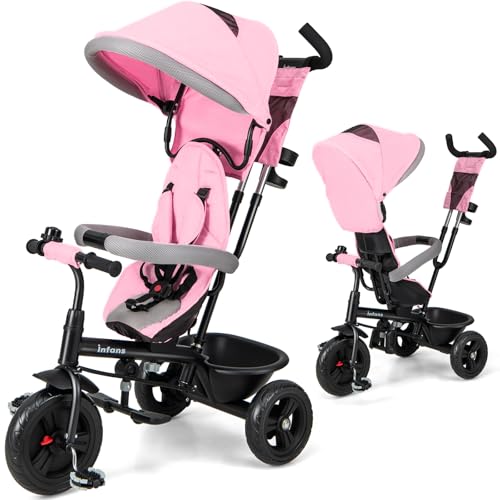 Image of INFANS Kids Tricycle, 6 in 1 Baby Trike Toddler Bike with Reversible Seat, Adjustable Push Handle, Control Direction, Removable Canopy, Safety Harness, Belt, Storage, 9-60 Months (Pink)