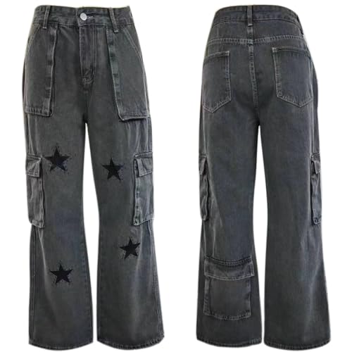 MEINVQIAOTI American Retro Stars Multiple Pockets Cargo Jeans for Women Jogger Baggy Goth Pants2