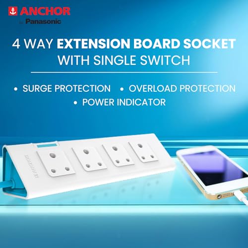 Image of anchor by panasonic 22063 6A Power Strip 4 Socket Spike Guard With Single Switch, 4 Mtr (White & Blue)