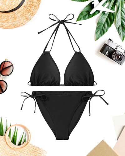 Daci Women Plus Size Triangle Bikini Sets Two Piece Double Straps Halter Swimsuit Side Tie String Sexy Bathing Suits Black L - Image 6