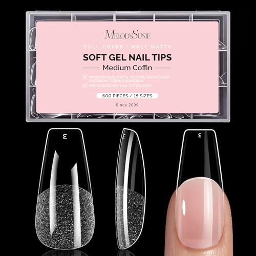 Image of MelodySusie Medium Coffin X Nail Tips - 600Pcs 15 Sizes Clear Acrylic, Half Matte Full Cover Press on Nails for DIY Extension & Salon Use, Pre-Shaped for Long-Lasting Manicure