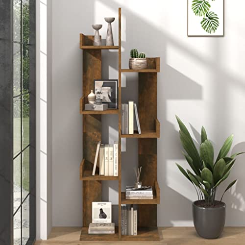 homiuse Estantería en forma de árbol, 48 x 25,5 x 140 cm, 8 compartimentos, madera de roble ahumado, estantería de pared, estantería estrecha, estantería de oficina, estantería de madera