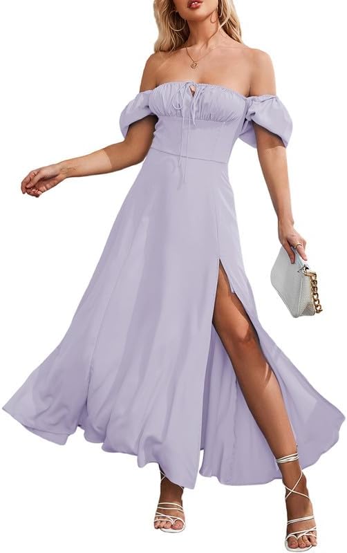 Vestido largo de verano para mujer, manga abombada, floral, con abertura, acampanado, casual, para la playa 2025