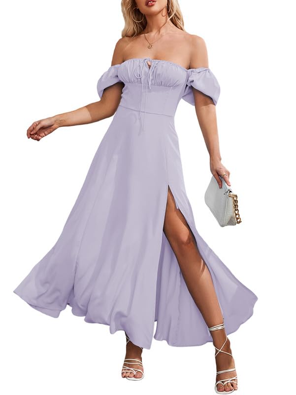 Image of KUTUMAI Women Summer Puff Sleeve Off Shoulder Floral Flowy Long Maxi Dress