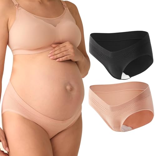 Image of Momcozy Maternity Underwear Seamless, Pregnancy Postpartum Panties Under Bump Maternity Underwear Cotton 2 Pack