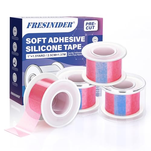 FRESINIDER Silicone Tape 1" x 1.5 Yard Pink 4 Rolls for Sensitive Skin, Pre-Cut Waterproof Medical Tape, Gentle Adhesive for Wound Care, Surgical Sites, Infants and Elderly