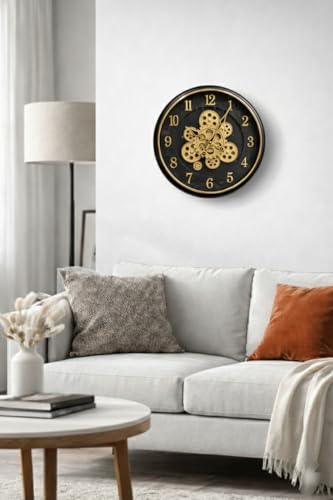 Image of Large Size 35 cms Rotating Moving Gears Wall Clock Industrial Steampunk Real Moving Gear Designer Wall Clock for Living Room Home Decor Office Wooden Look Plastic Round 14 Inch (Black Golden)