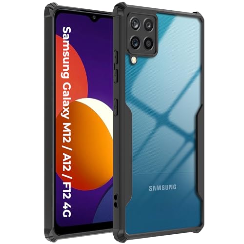 Image of A rtistque Clear Hard Transparent Acrylic Armor Back Cover Case for Samsung Galaxy F12 / M12 / A12 | Shockproof TPU Edge Protection | Slim Protective Design | Samsung Galaxy F12 Back Cover - Black