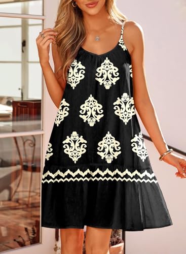 Image of Dokotoo Summer Dresses for Women 2026 Spaghetti Strap Sexy Deep V Neck Smocked Ruffle Flowy Boho Dresses