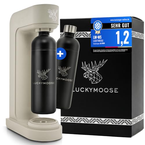 Luckymoose Infinity Wassersprudler mit 2x 1,25L langlebigen, spülmaschinenfesten Edelstahlflaschen – CO₂-sparende Sprudelwasser Maschine – Kompatibel mit den blauen 60l CO₂-Zylindern