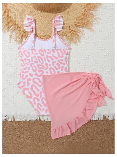 SweatyRocks Girl's Leopard Print Ruffle One Piece Swimsuit with Tie Side Sheer Mesh Cover Up Skirt2