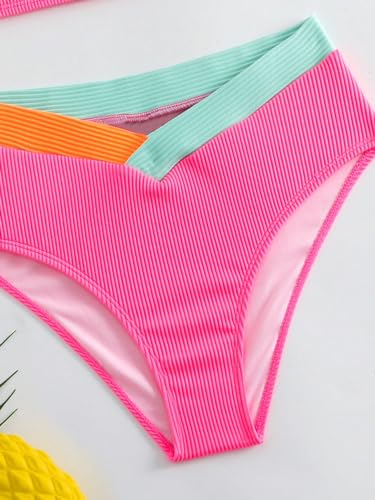 Girl's 2 Piece Swimsuit Color Block Ribbed Spaghetti Strap High Cut Cute Bikini Bathing Suit4