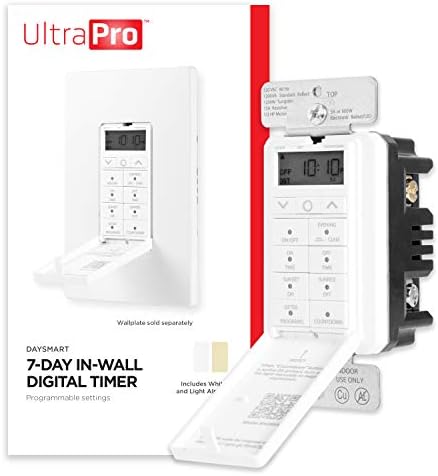 UltraPro Daysmart 7-Day Digital in-Wall Timer, Presets/Countdown Timer, Programmable Settings, Override, Sunrise/Sunset, Light Timer for Indoor Lighting, Porch, Seasonal, LED, Timer Switch, 40954