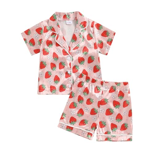 Image of Toddler Baby Kids Satin Summer Pajamas Set Short Sleeve Button-Down Pajamas Top Pants 2Pcs Loungwear Sleepwear Pjs
