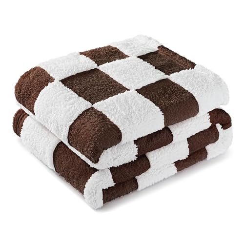 Image of Exclusivo Mezcla Checkered Throw Blanket, Super Soft and Warm Fluffy Fleece Blanket for Couch, Sofa, Bed, Cute Plaid Pattern, Coffee, 127x152 CM
