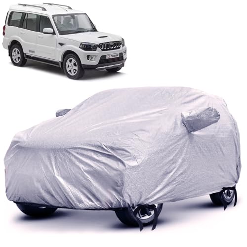Image of SENSI Waterproof, UV Protection Car Cover for Mahindra Scorpio (Old Version) with 4 Tyre Belts & Mirror Pockets|,3-Layer Stitched, Cover-Protects Against Dust,Sun & Rain