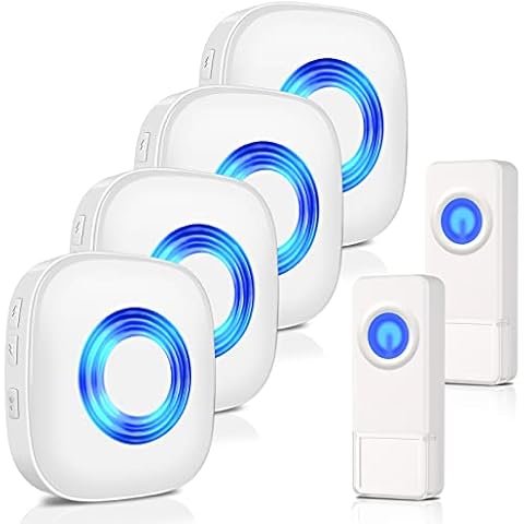 Wireless Doorbell, PHYSEN Waterproof Door bell Chime Kit Operating at 1300-ft Range 58 Adjustable Melodies 5 Volume Levels & LED Flash, Doorbell Alarm for Home/Classroom, 2 Push Buttons+4 Receivers Cover