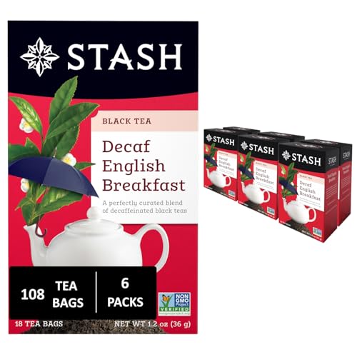 Stash Tea Decaf English Breakfast Black Tea - Decaf, Non-GMO Project Verified Premium Tea with No Artificial Ingredients, 18 Count (Pack of 6) - 108 Bags Total