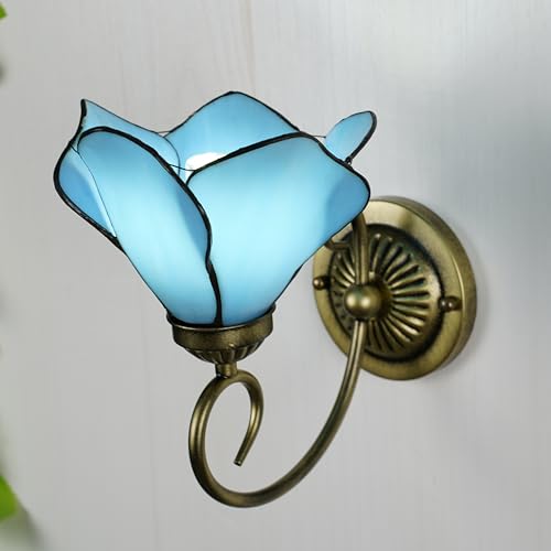 Image of Tiffany Style Wall Sconce, Flower Shaped Wall Light, Stained Glass Wall Lamp for Entrance, Bedroom, Hallway in Blue