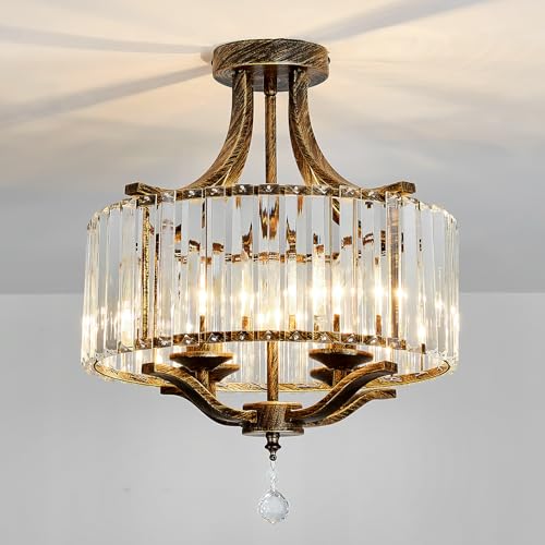 Piepooye Rustic Crystal Chandelier 4 Lights Oil Rubbed Bronze Semi Flush Mount Ceiling Light Fixture E12 Metal Farmhouse Chandelier For Dining Room Bedroom Hallway Entryway Kitchen cover