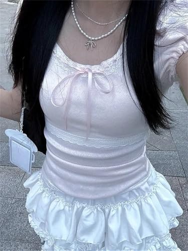 Coquette Cute Lace Trim Top Y2k Baby Tee Summer Short Sleeve V Neck Shirts 2000s Mcbling Vintage Fairy Grunge Top4