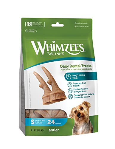 WHIMZEES Antler, geweihförmiger Hundesnack für kleine Hunde, Größe S, 24 Stück, wirkt beruhigend, ohne Zuckerzusatz, getreidefrei, natürlich, fettarm