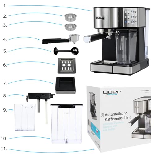 YOER EMF01S Lattimo - Black Espresso Machine - Portafilter Machine - Barista Professional Coffee Machine 1350 W - Fully Automatic with 20 Bar Pressure - 1.8 L Water Tank - Drip Grid on Stainless Steel - Image 8