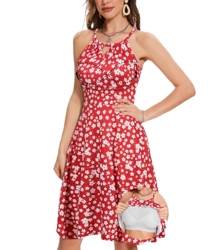 Image of ANYFITTING Built in Bra Halter Dresses for Women 2026 Summer Pockets Dress Flowy Midi Sundresses Beach Vacation