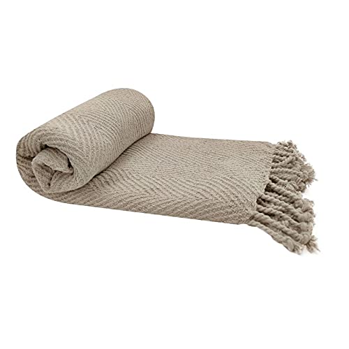 RideauDiscount Fouta, Jeté de Lit, Plaid 100% Coton 120 x 150 cm avec Franges Jacquard Motif Chevrons Ton sur Ton Taupe