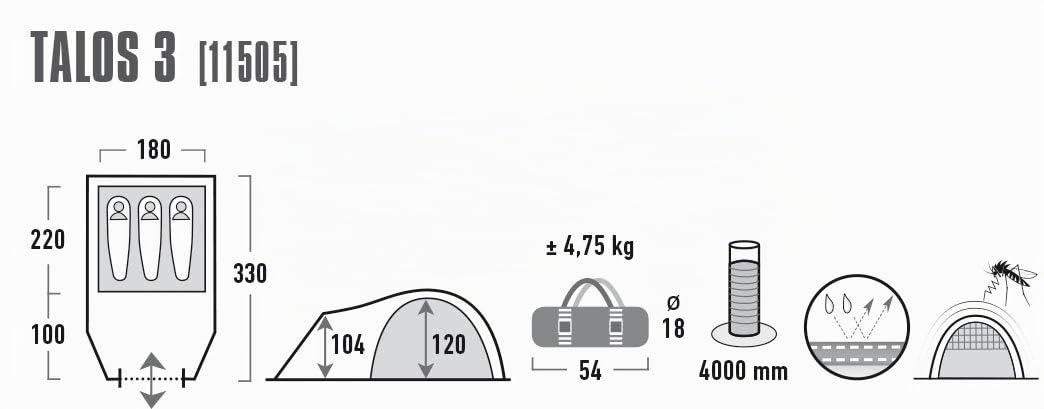 High Peak Talos 3 Tenda, Unisex – Adulto, Grigio Scuro/Verde, 330 x 190 x 130/110 cm