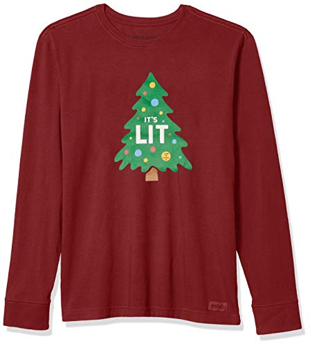 Life is Good Mens Long Sleeve Crusher Holiday Graphic T-Shirt, Lit Tree Cranberry Red, Medium