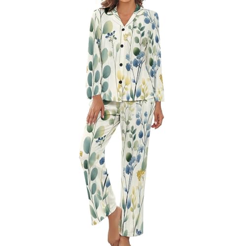 Ensemble vêtements de détente femme imprimé eucalyptus et pyjama de nuit manches longues 2 pièces