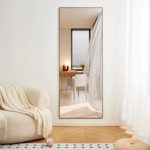 lafengyan 70 x 31 Inch Full Length Mirror with Sleek Black Aluminum Alloy Frame – Wall Mount or Freestanding, HD Reflective & Shatter-Resistant for Bedroom, Living Room, Hallway (Black + Aluminium)