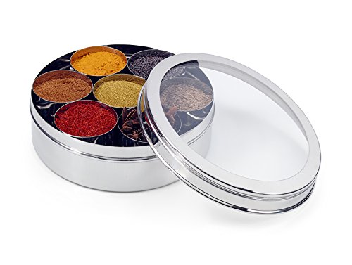 Zinel Caja de especias Masala Dabba de acero inoxidable 7200 con 7 compartimentos y tapa transparente, 16 cm, plateada