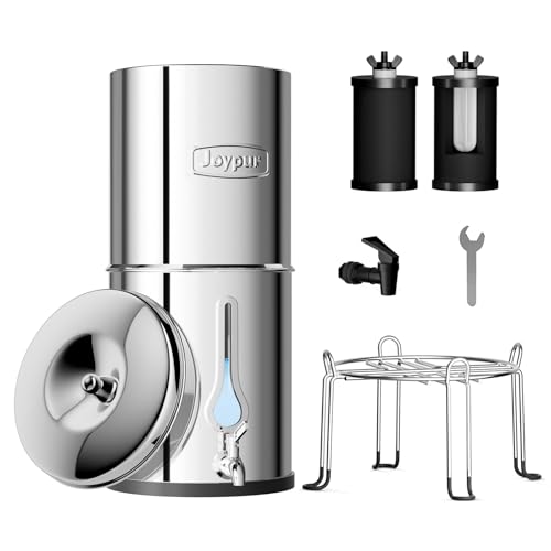 2.25G Gravity Water Filter System with New Water Level Window, 3-Stage 0.01Î¼m Ultra-Filtration Stainless Steel Countertop System with 2 Thickened Carbon Filters and Stand, Reduce 99.9% Chlorine