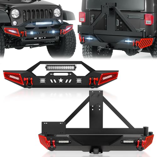 Image of for JK Front and Rear Bumpers with Spare Tire Carrier Compatible with 2007-2018 Jeep Wrangler JK JKU with Winch Plate, LED Lights, Hitch Receiver, License Plate Frame, Paintable Armor & D-rings