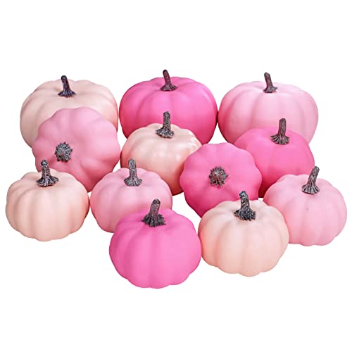 12 Pcs Assorted Small Fall Artificial Pumpkins Faux Pink Pumpkins Decorative Pumpkins Foam Pumpkins for Gifts Fall Wedding Baby Shower Halloween Thanksgiving Table Centerpiece Farmhouse Decor