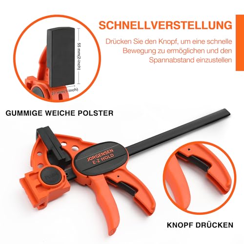 JORGENSEN Einhandzwingen 4 Stück, Profi Schraubzwingen Set 2 in 1 kombinierbar zum Spannen Dehnen, Spannweite 150/420mm, Spannkraft 68kg für stabiles Fixieren von Holz Möbel mit einer Hand