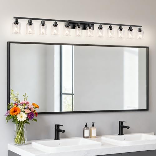 Image of 12 Light Bathroom Light Fixtures, Black Bathroom Lighting Fixtures Over Mirror Matte Black Modern Vanity Lights Wall Lighting for Mirror Bedroom, Living Room (78.7inch)