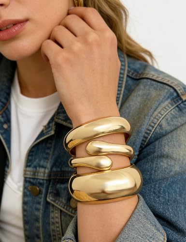 Image of Chunky Gold Bangle Bracelets for Women, Dainty 14k Gold Plated Big Stackable Bangles Set, Trendy Statement Cuff Bracelet Stack Fashion Jewelry Gifts