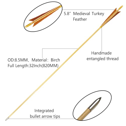 XTCXCARCHERY 32" Archery Wooden Target Practice Arrows with 5.9" Medieval Turkey Feather Fletching for Recurve &English & Traditional Longbow Hunting (Pack of 12) (Brown) - Thumbnail 2