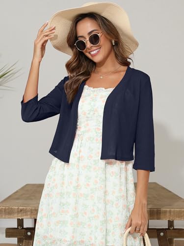 Image of Women's 3 /4 Sleeve Thin Shrugs Lightweight Open Front Cropped Sheer Cardigans for Summer
