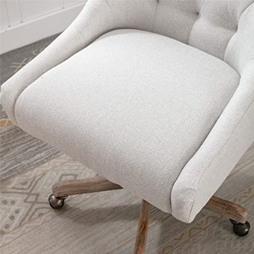 Turridu Swivel Office Chair, Modern Tufted Linen Upholstered Swivel Task Chair With Wood Base And Wheels, Height Adjustable Work Chair Leisure Shell Vanity Chair For Bedroom Living Room, Beige #TOP3