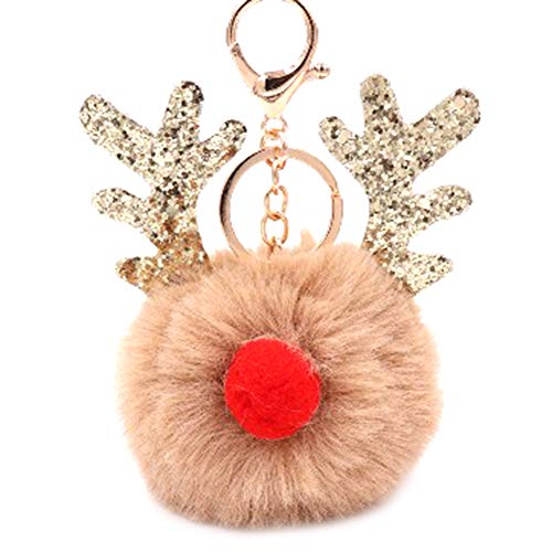 Preisvergleich Produktbild Nowbetter flauschiger Schlüsselanhänger mit Pailletten Weihnachts-Elch Anhänger Schlüsselring für Frauen Mädchen Geldbörse Taschen-Charm Ornamente Dekoration, khaki, 8 cm