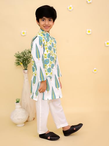 Image of The Mom Store Boys Printed Cotton Kurta Pajama Set With Jacket | Soft And Comfortable Ethnic Wear For Baby /Kids Boys | Full Sleeves Kurta Pyjama Set | Traditional Indian Outfit