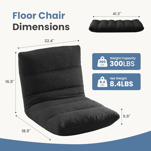Image of DUMOS Folding Floor Chair with Back Support, Adjustable 14-Position Floor Seating with Comfy Teddy Velvet for Adults & Kids, Reading, Gaming, Meditation, Watching, Black