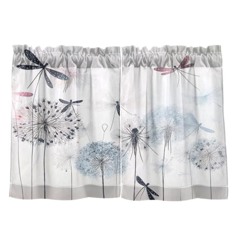 xigua 2 Pack Dandelion and Dragonfly Kitchen Curtains 36 Inch Length Tier Curtains Light Filtering Small Window Curtain Rod Pocket Curtain for Kitchen Living Room
